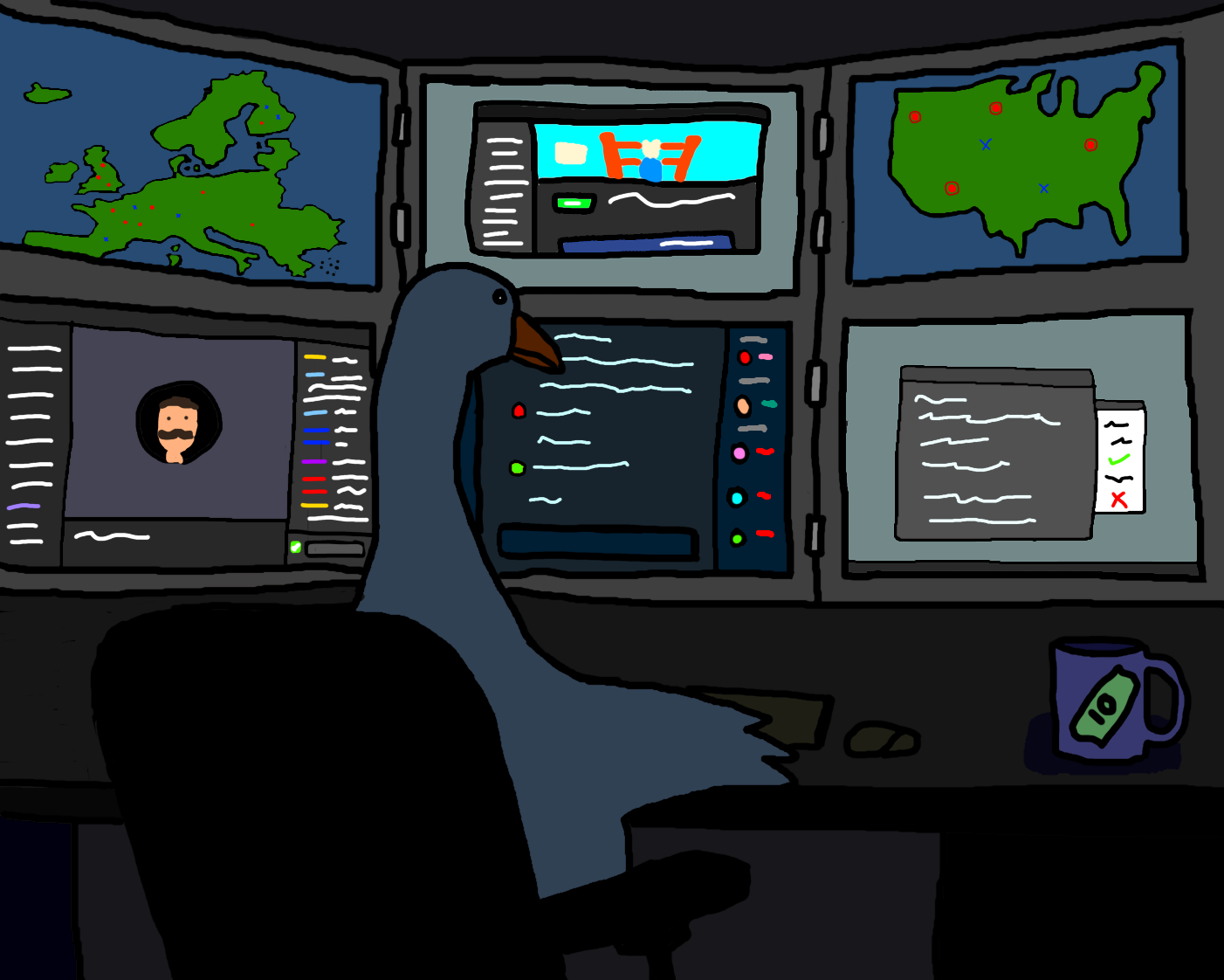 Illustration of a goose operating a multi-monitor control room, watching maps, charts, and a chat window